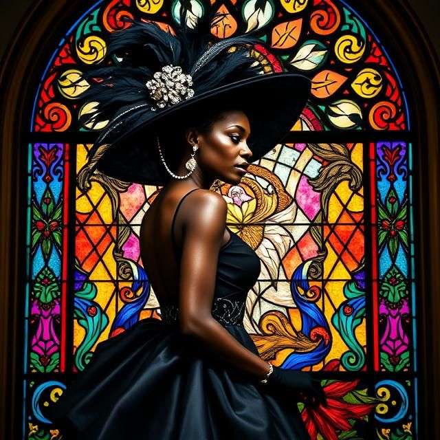 POISED BLACK WOMAN IN A DRAMATIC BLACK STRAPLESS GOWN AND AN...