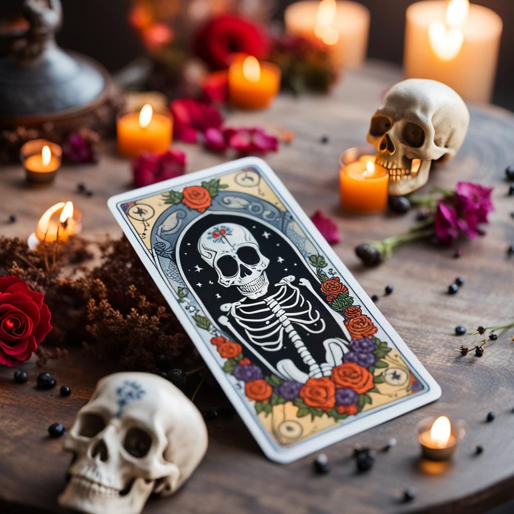 A display of the death tarot card on a table with a day of t...