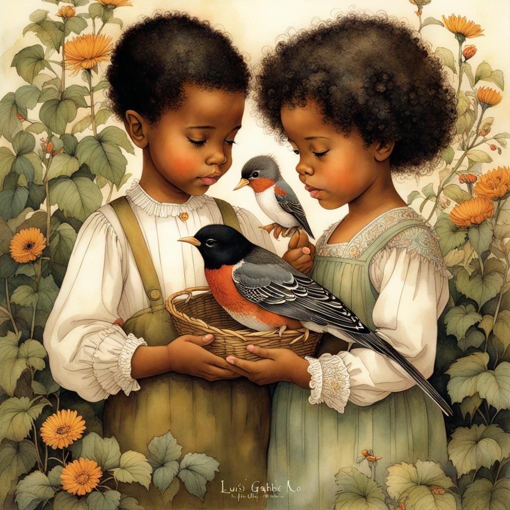 cute black toddler siblings holds a robin in their hands, in...