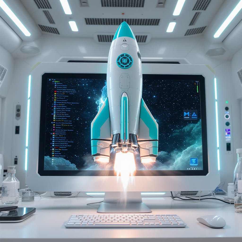 A rocket ship slowly blasts off out of a computer and leaves the screen entirely. Smoke settles. The computer screen in the lab slowly fades...