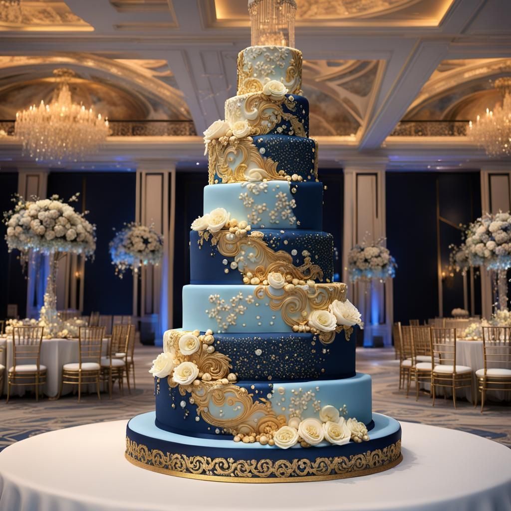 7-tier Lebanese wedding cake, navy blue, champagne/gold, baby blue and white color pallet. It needs to be luxurious and beautiful, flowers f...