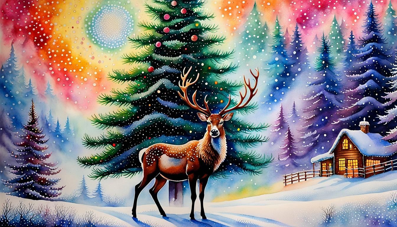 a pointillism watercolor alcohol ink painting of a Christmas Tree and