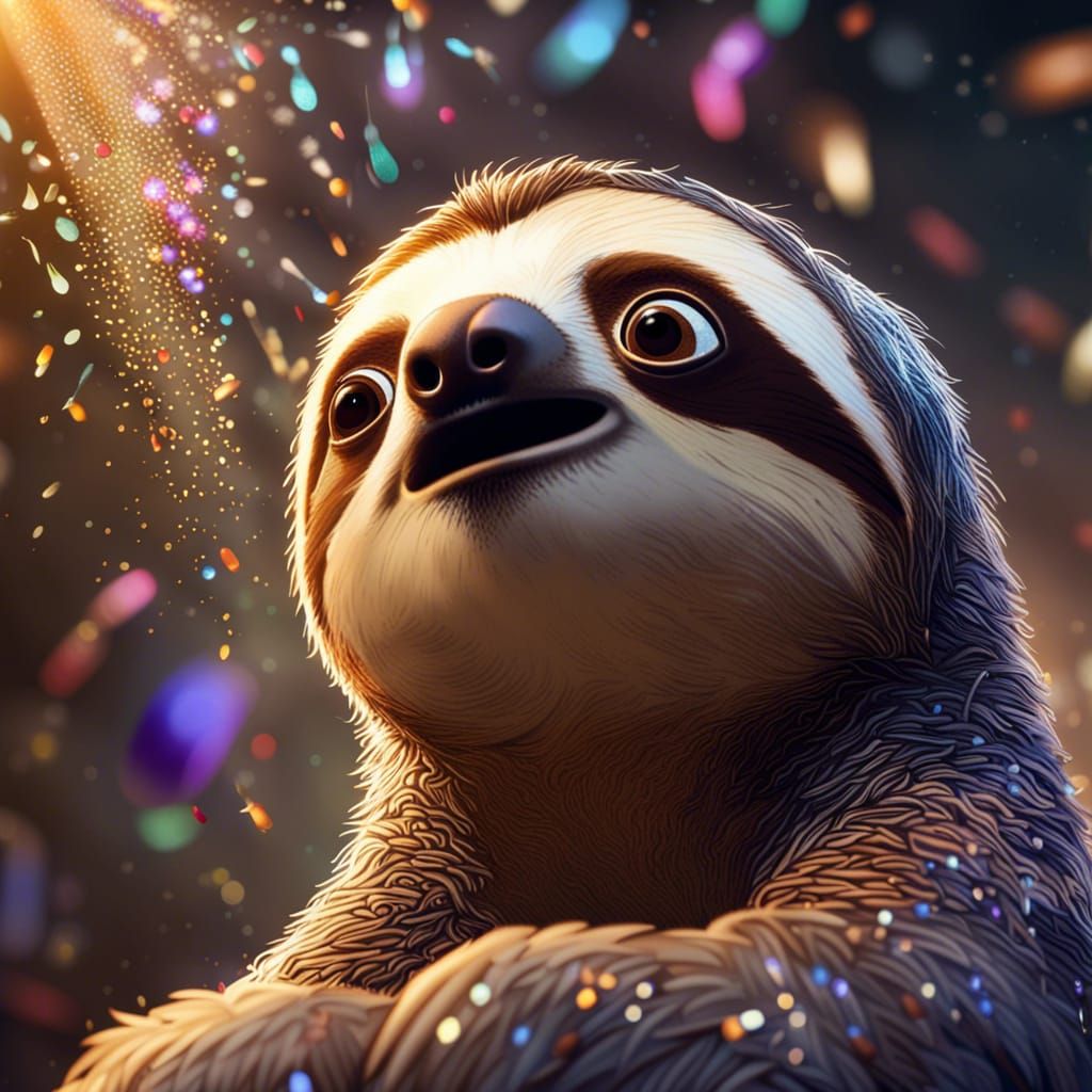 Sloth looking with awe at glitter falling from above, Pixar sloth ...