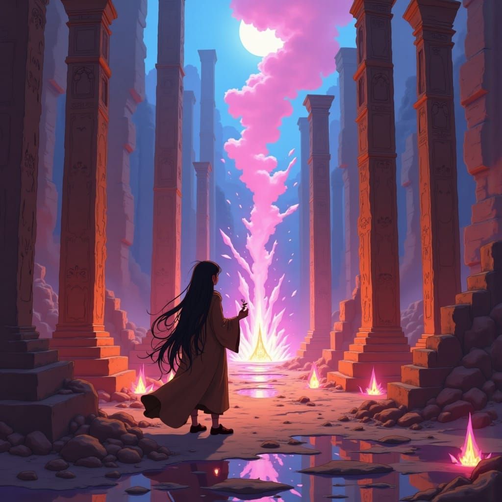 <lora:Painterly Ghibli:1.0> Ancient ruins meet neon skyline.

Soft focus, painterly, visible brush strokes