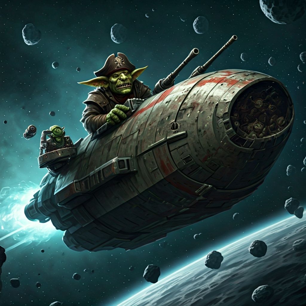 A warty goblin captain commands a filthy pirate starship, navigating through a dense asteroid field. ...  by @Omegamortal
