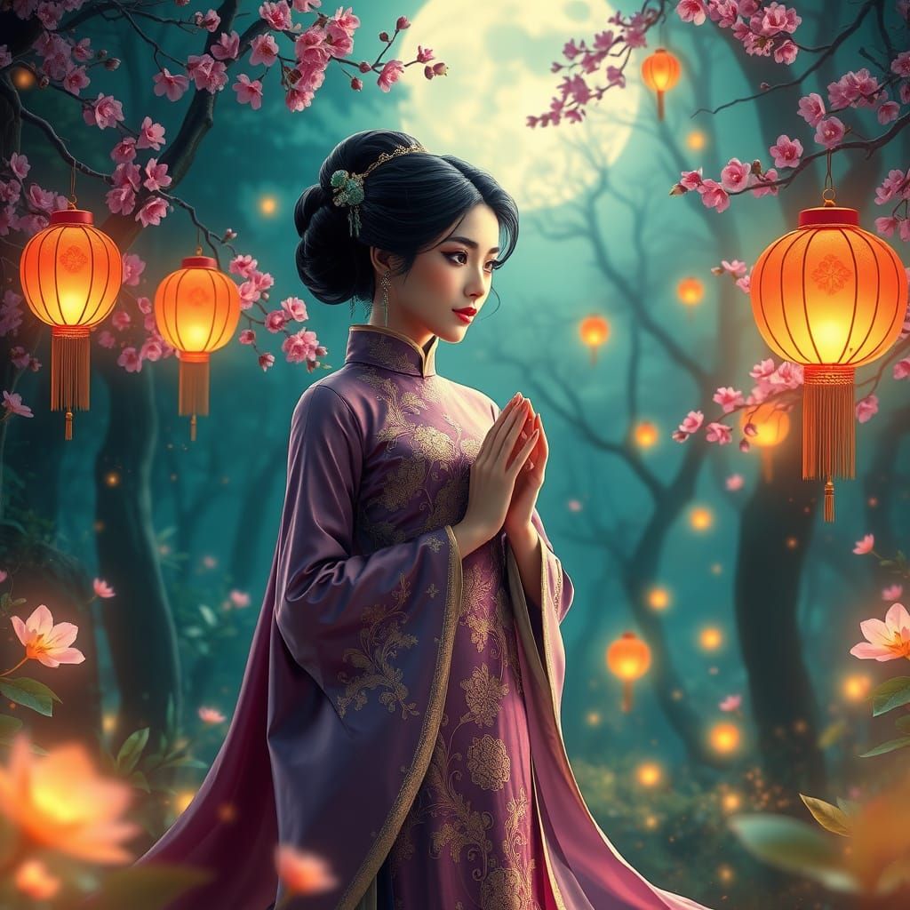 Mystical Asian Goddess in Moonlit Forest, in High-Contrast M...