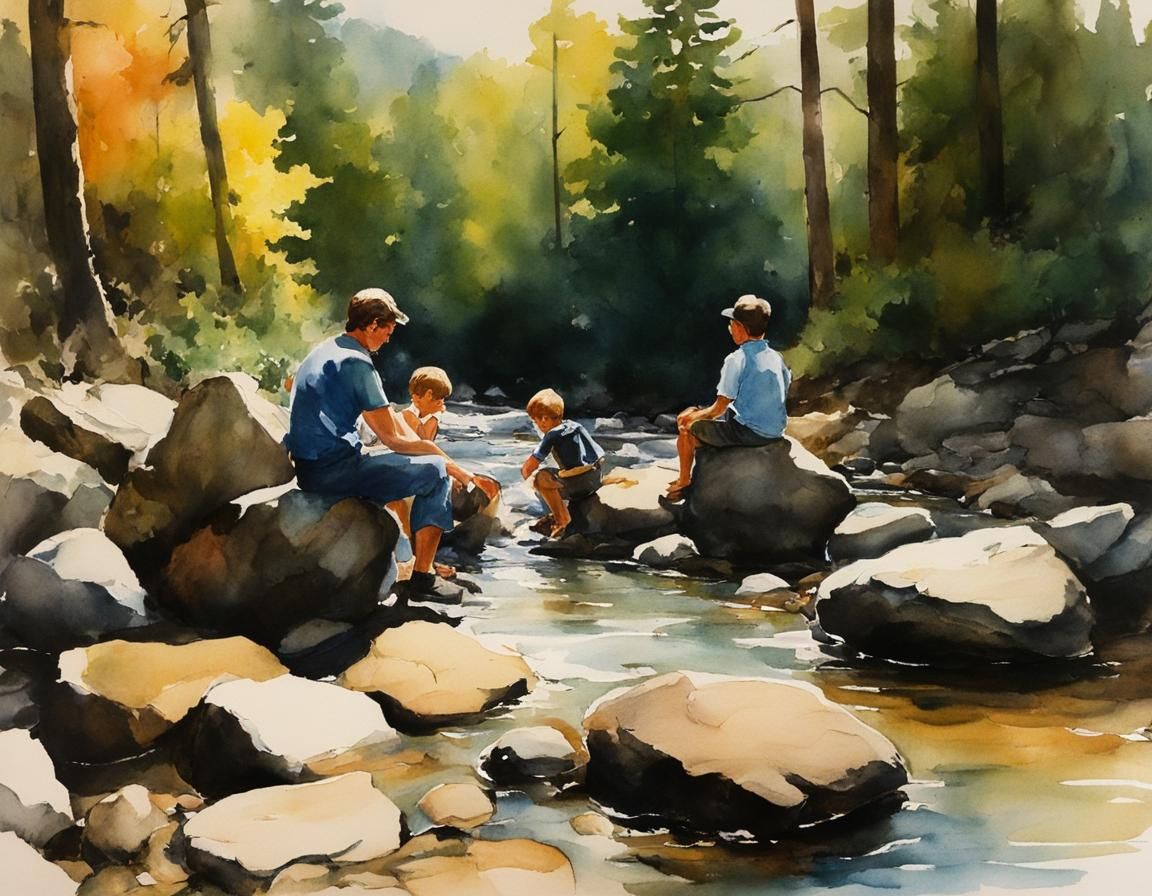 Father watching sons playing on rocks in a forested creek