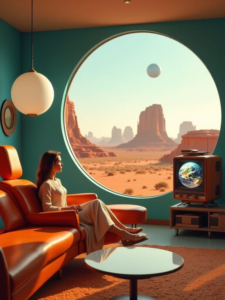 Woman Gazes at Earth on Vintage TV in Retro Sci-Fi Room
