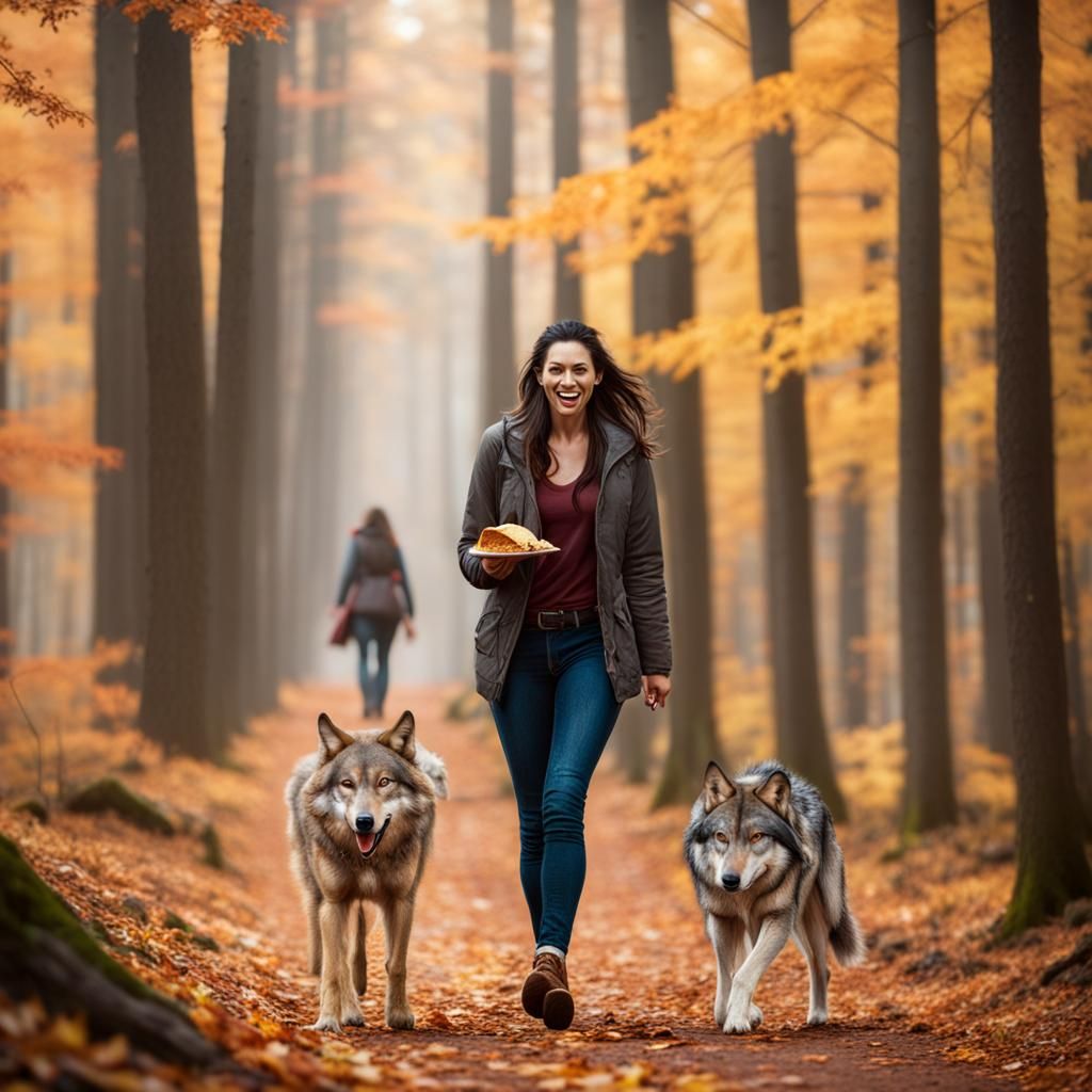 Woman Walking Her Wolves and Eating Tacos  by @AI Gratia Artis