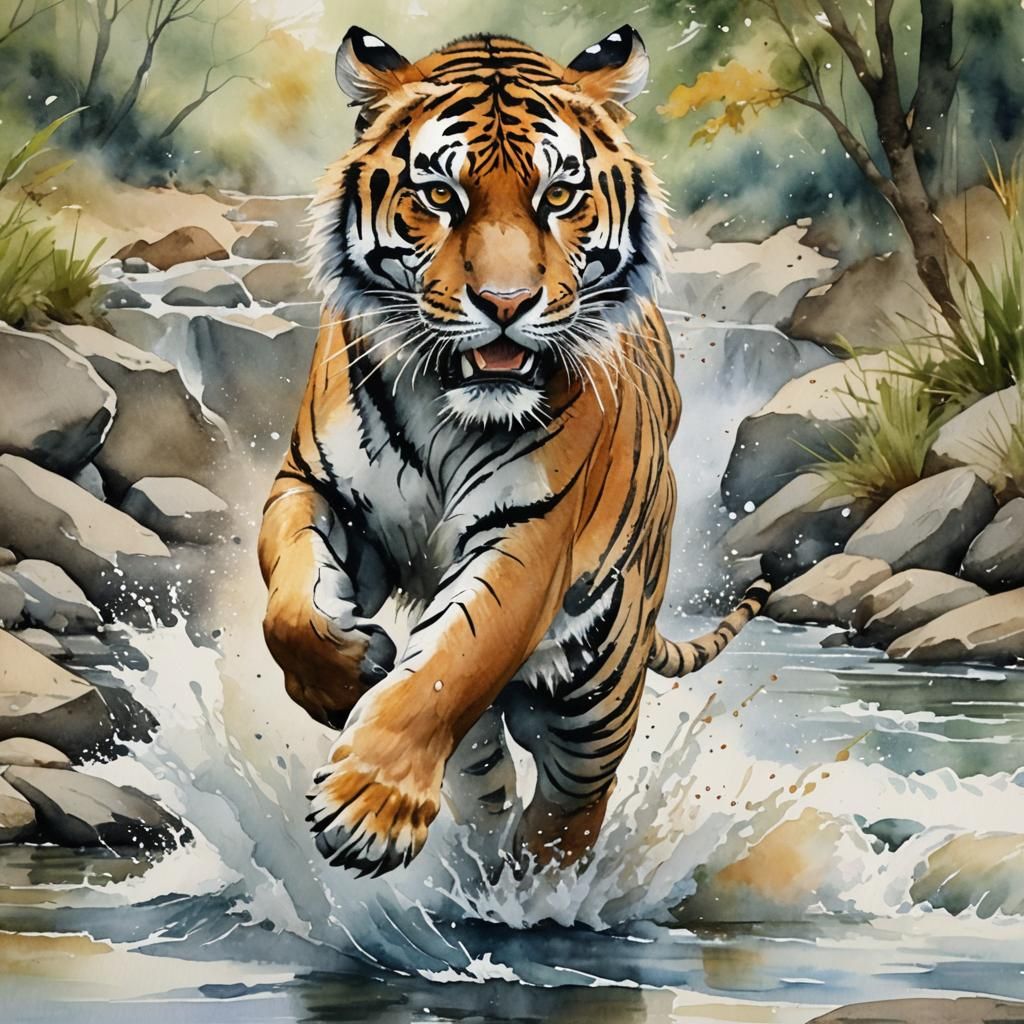 beautiful watercolor tiger running through a river  by @Duckdude