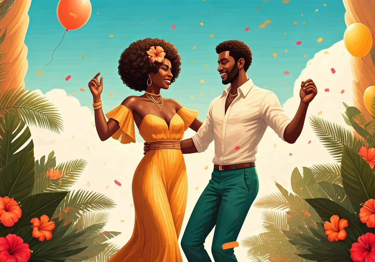Dancing Couple in Afrofuturist Art Deco Celebration