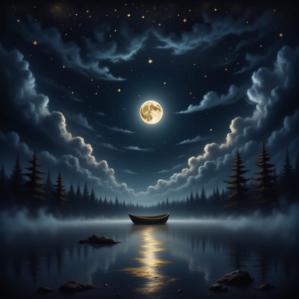 <lora:Ominous Skies:1.0> close up boat on the water night sky