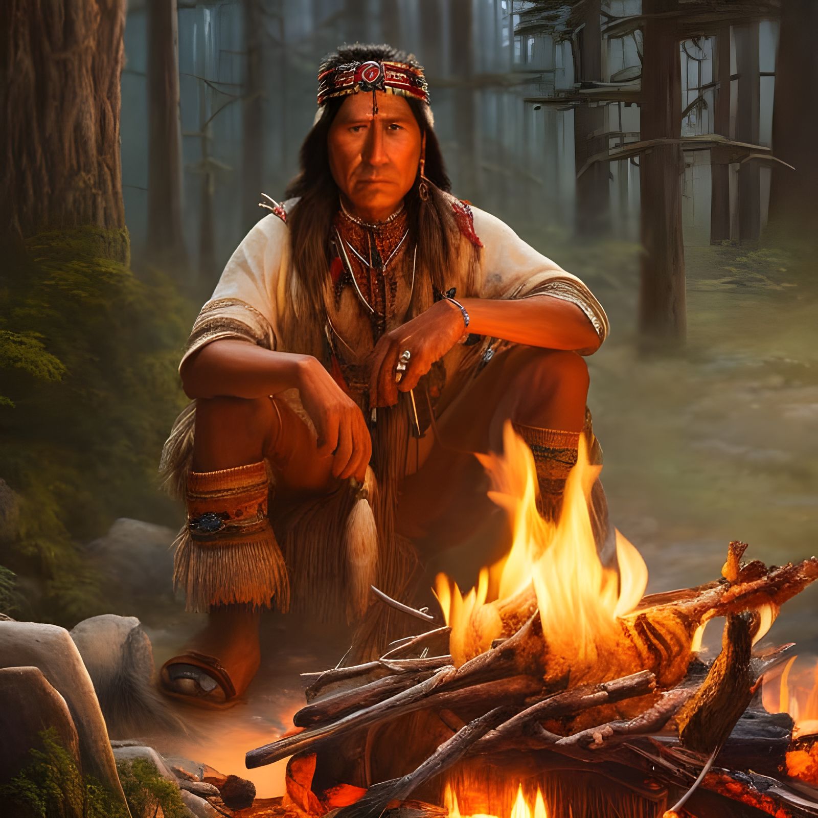 A Native American sitting at a campfire