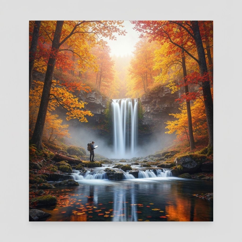 Autumn Waterfall Double Exposure with Traveler