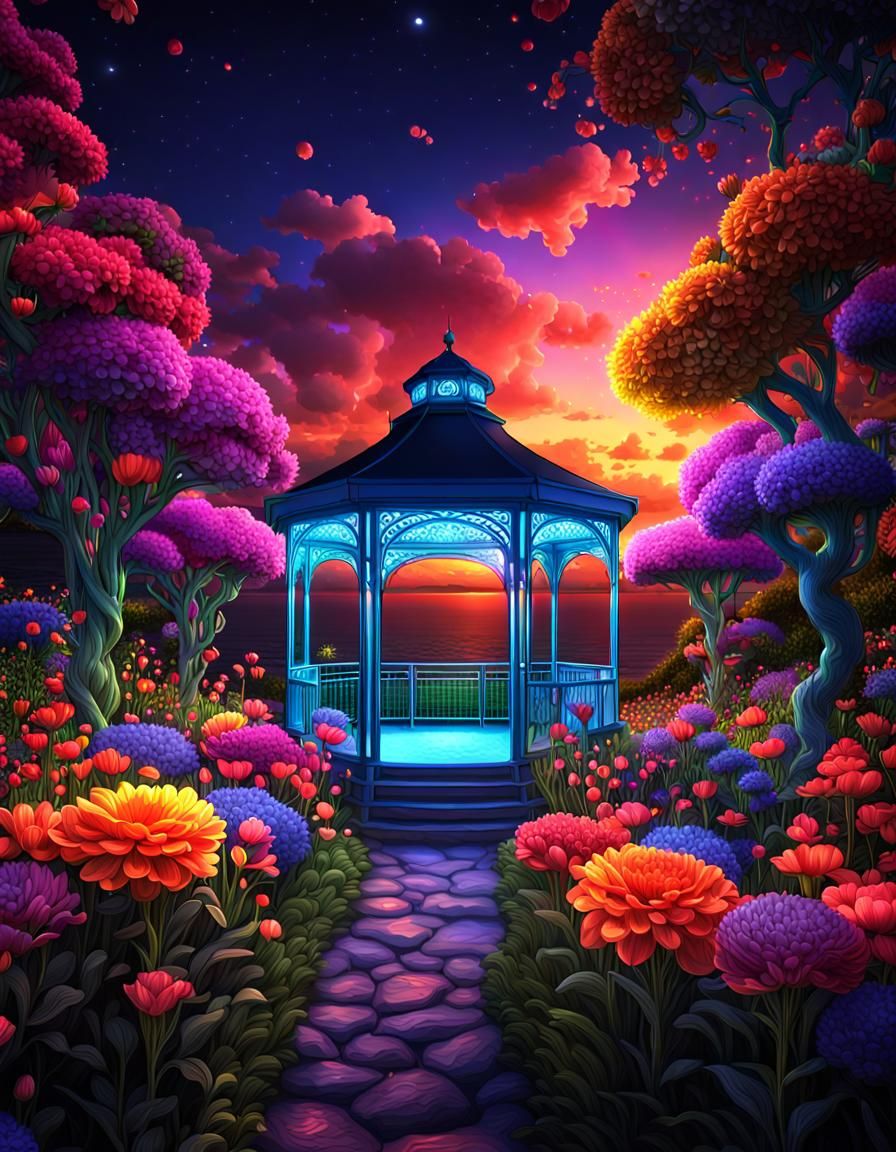 Night Garden Flowers The picturesque night garden gazebo bri...