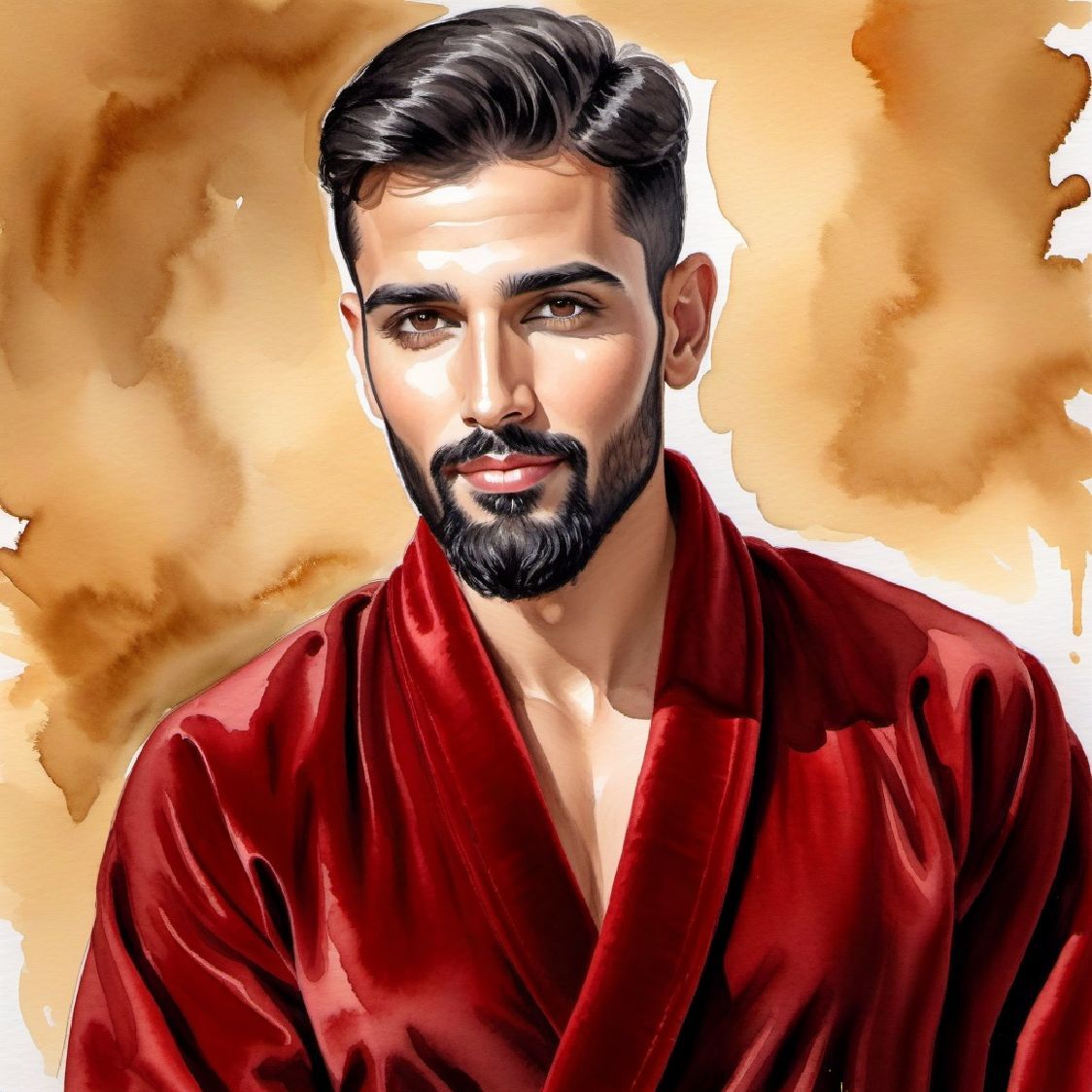 A handsome bearded  man  wearing a      red velours   bathro...