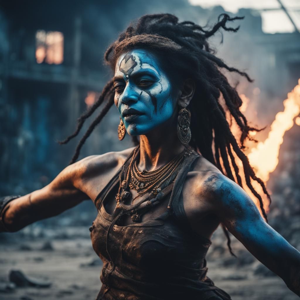 Beautiful sensual wild goddess Kali dancing in the post apocalyptic ...