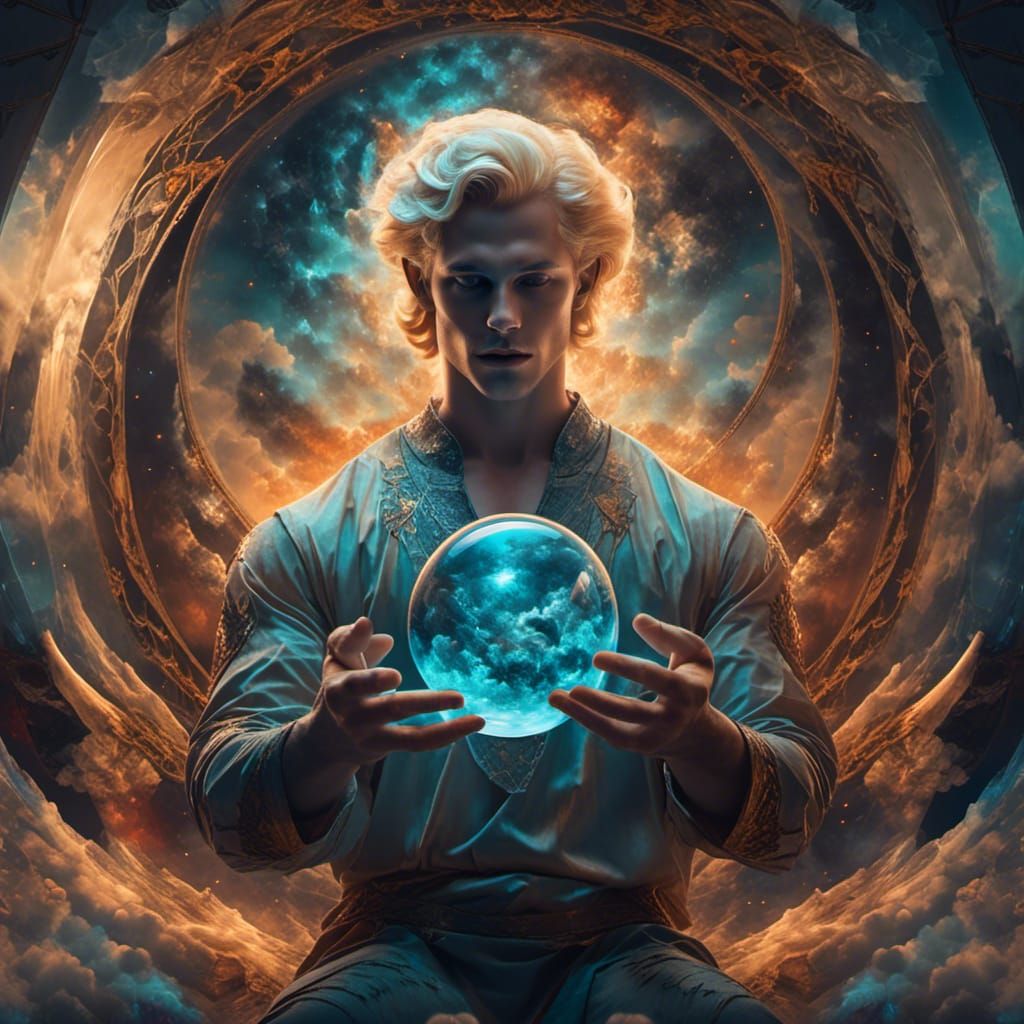 glass orb, orb inside, floating handsome blonde god, double exposure, encased inside a handsome blonde god of magical smoke, magic, special...