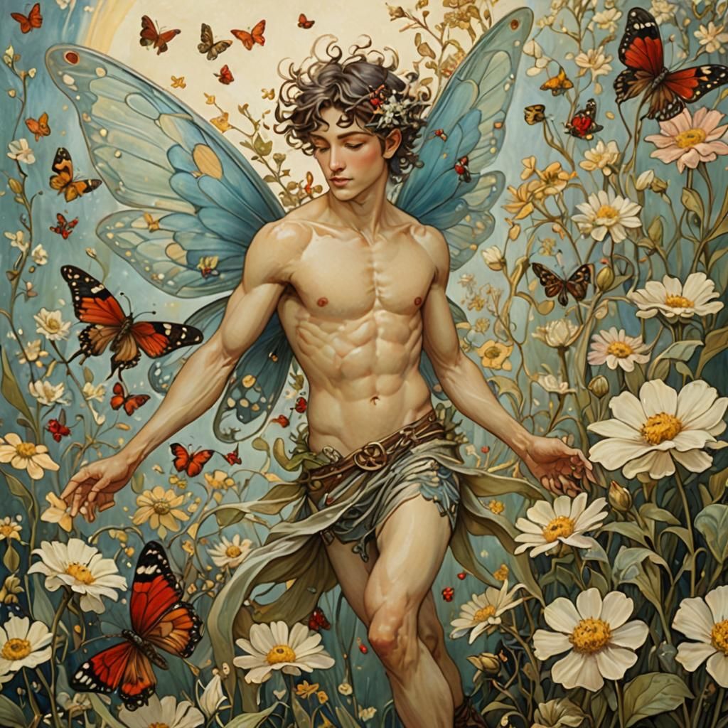 Male fairy flying through the flowers,  by @CaptBoomerang