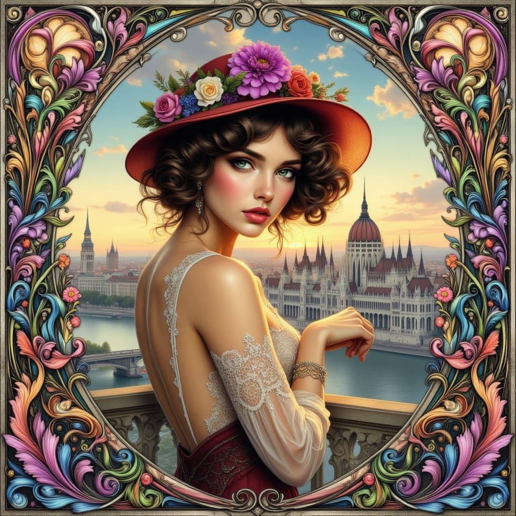 Edwardian Woman in Budapest, Art Nouveau Frame