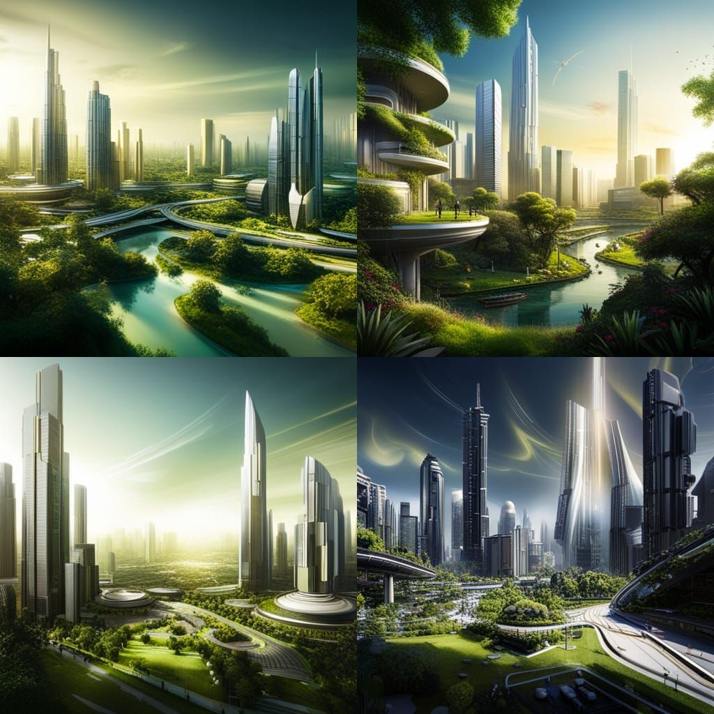 a futuristic looking cityscape with an environmentally consc...