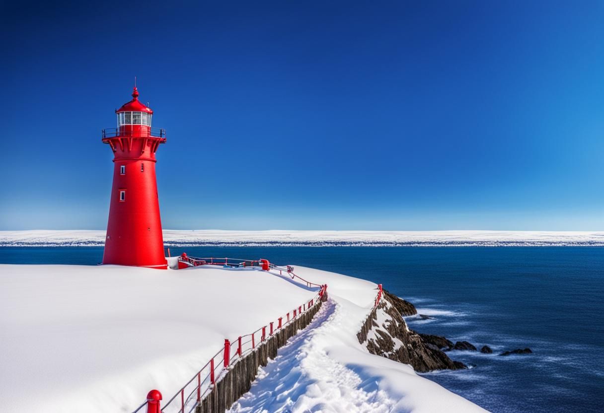 A red lighthouse on snow near our ocean. intricate details, HDR, beautifully shot, hyperrealistic, sharp focus, 64 megapixels, perfect compo...