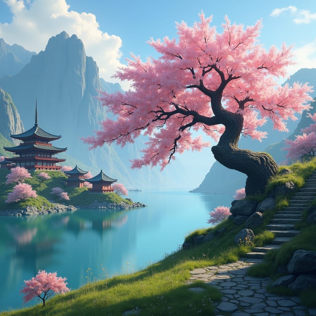A beautiful ancient sakura tree in front of a lake. Mountain...
