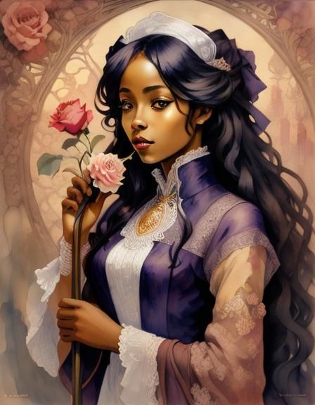 A beautiful african woman holdinga rose,<lora:Art Nouveau:1.0>, perfectly drawn face, watercolor art, art nouveau, Alphonse Mucha