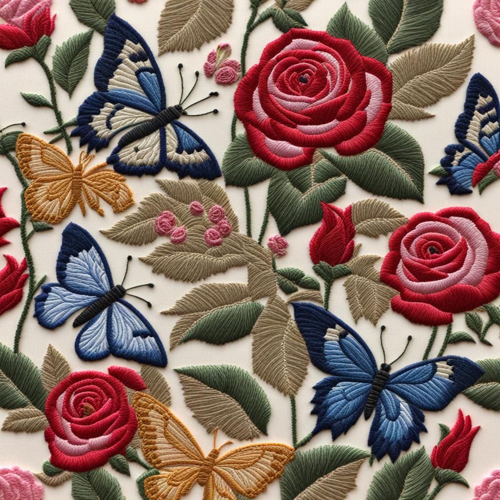 embroidered butterflies and roses  by @yavana