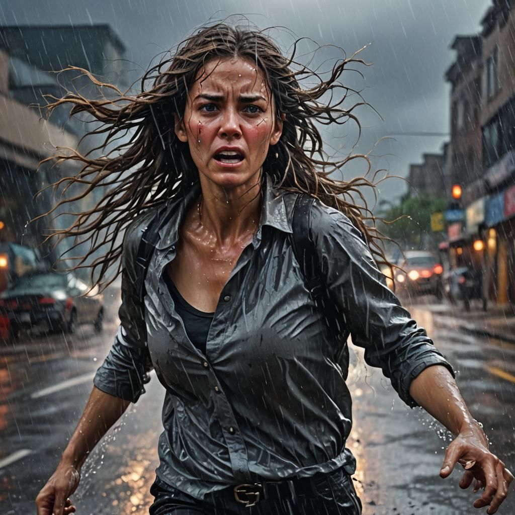 Stunning Hyperrealistic Stormscape with Frightened Woman Run...