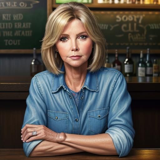 Close up portrait of  Olivia Newton-John wearing a chambray ...