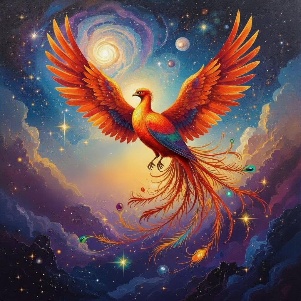  Majestic phoenix, with vibrant hues of red, green, blue, and yellow feathers aflame in shimmering stardust, soars through vibrant, cosmic s...