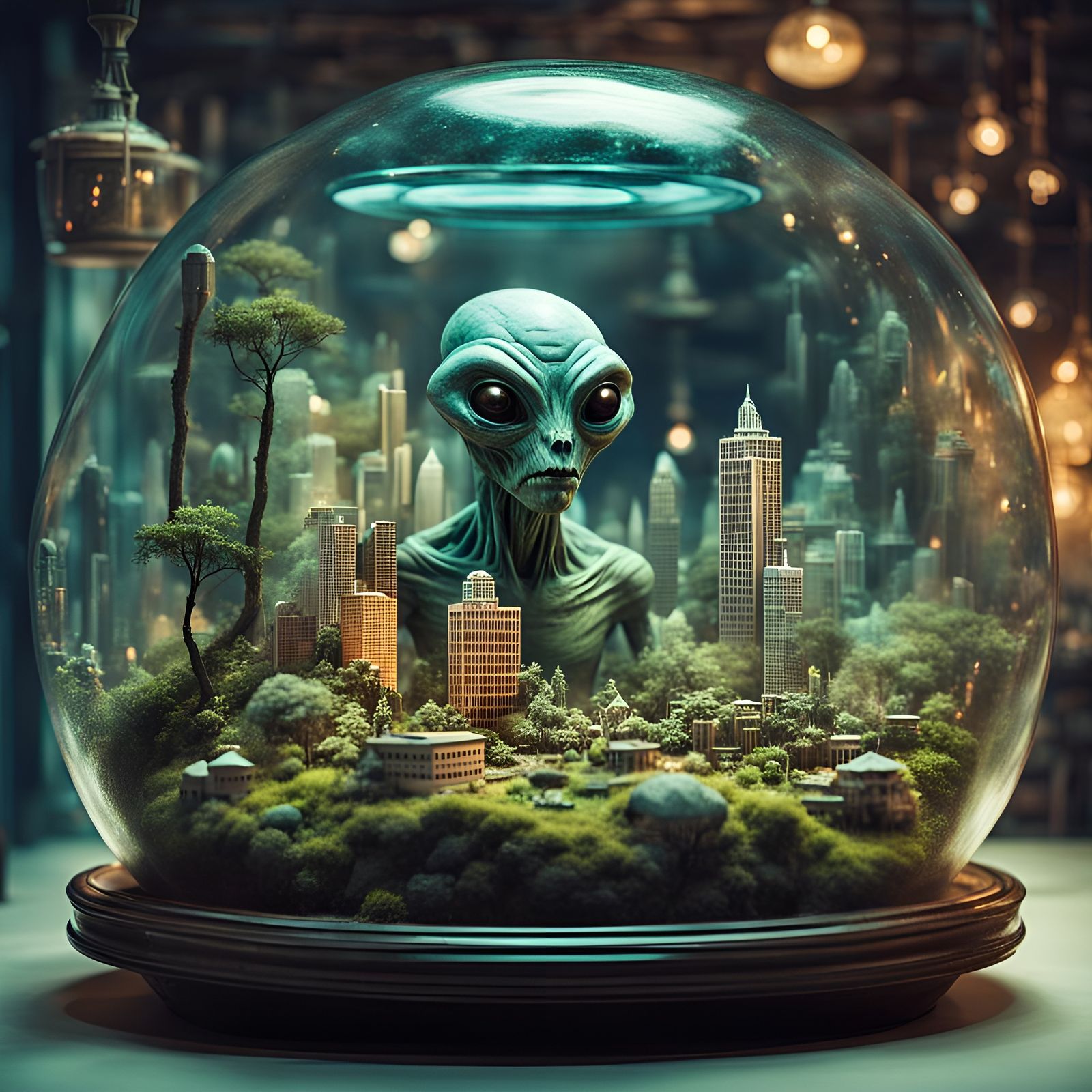 Strange looking alien is watching inside terrarium that has human miniature city inside, 50s science ...  by @viisipuu