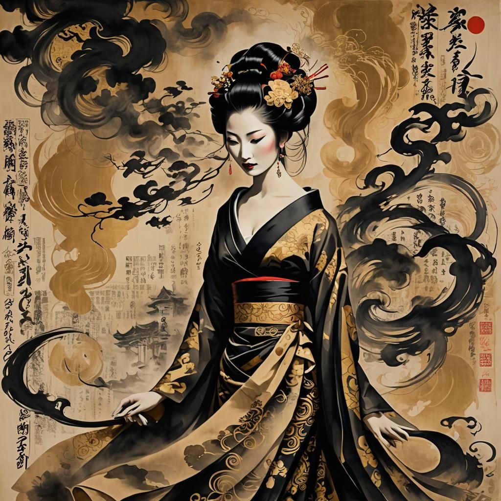 geisha stunning, surrealism surrealism on burnt paper  japan...