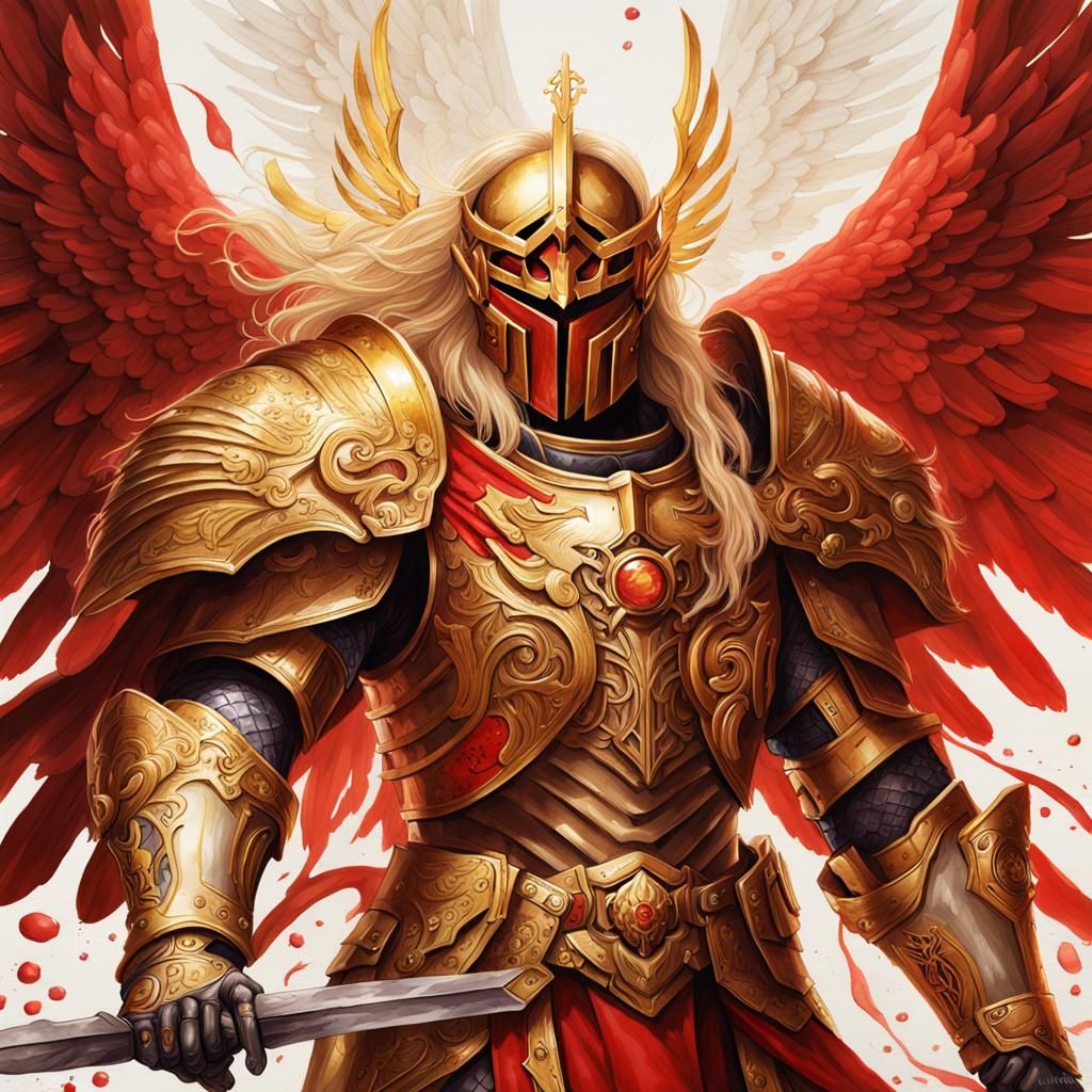Watercolor painting of Sanguinius. red angel wings, long blo...