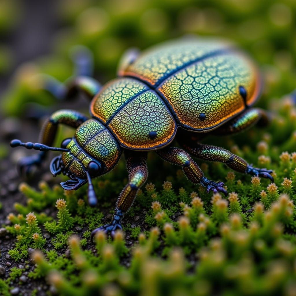 Cracked gemstone beetle crawling across iridescent moss, high detail, macro lens, fantasy aesthetic <lora:Macro Photography:1.0>