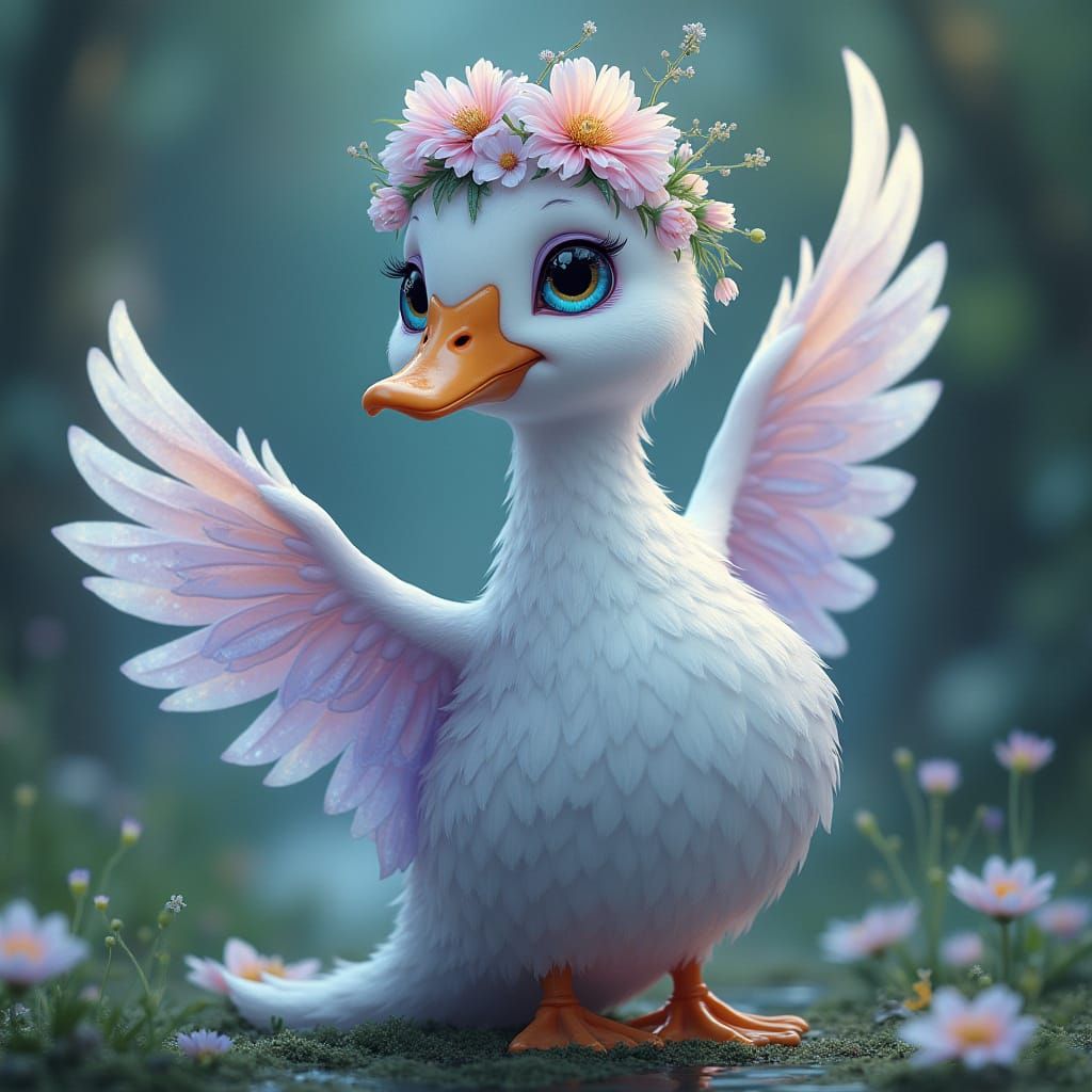 Enchanted Duckling with Opal Wings and Flower Crown in Whims...