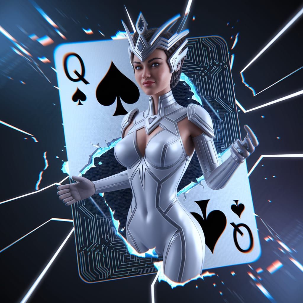 A highly detailed, 3D-rendered digital illustration of a futuristic Queen of Spades, half-inside, half-outside a playing card, forcefully em...