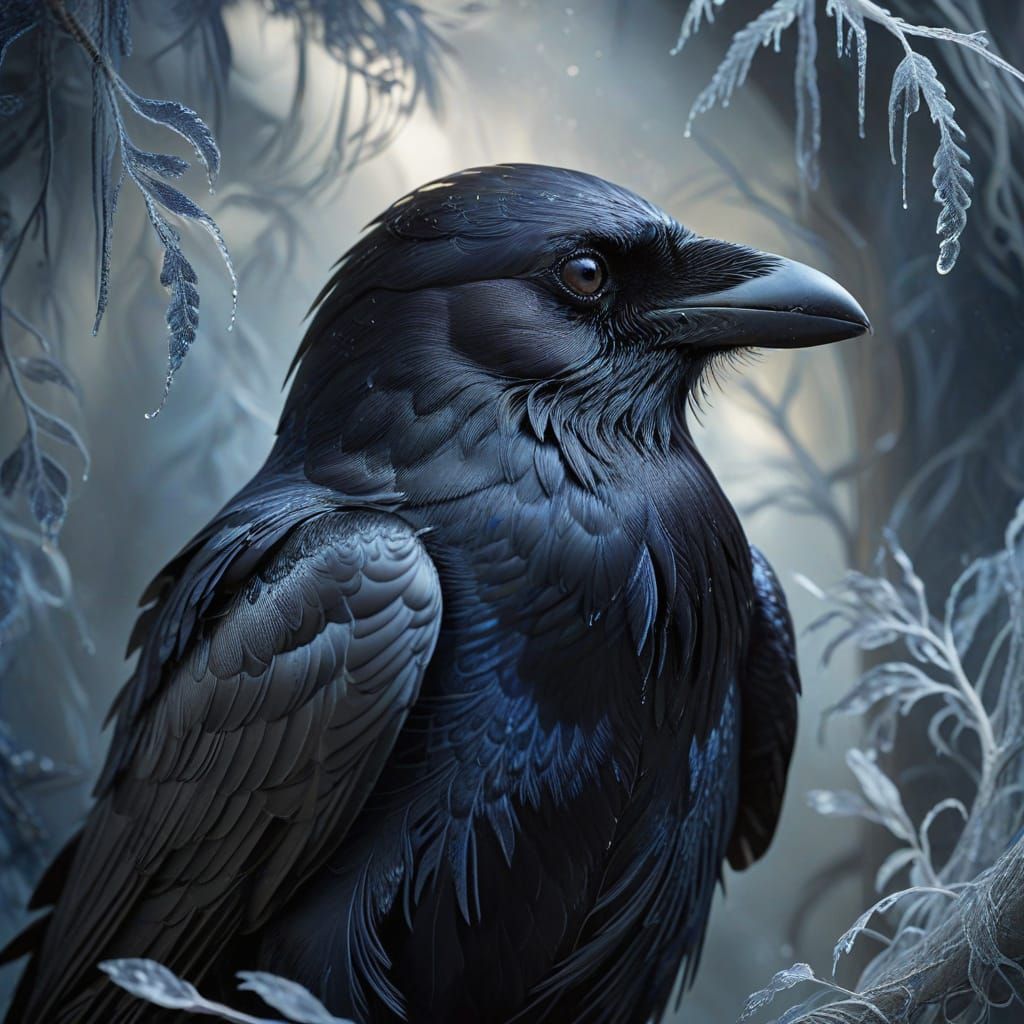 Black wings whisper through the pale,
A ghost of frost, both dark and frail.