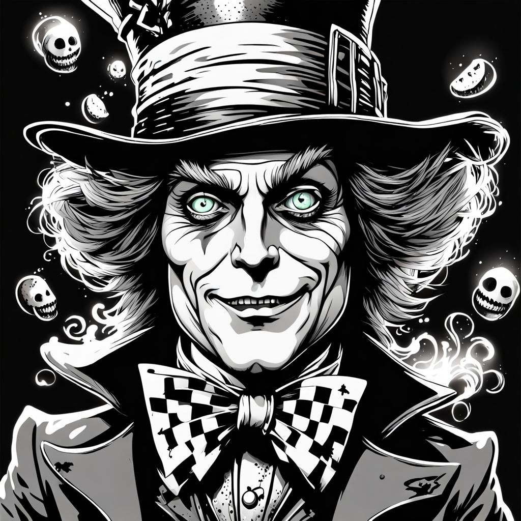 " dessin au trait de mad hatter au pays de la folie " 