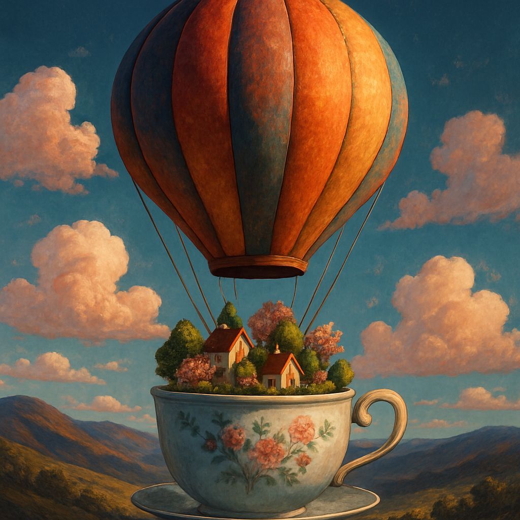 Hot Air Balloon Teacup Above Rolling Hills, Digital Art