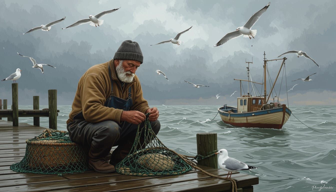 A grizzled old fisherman with weathered hands mends nets on a wooden pier.  by @DogNinjaDoodle