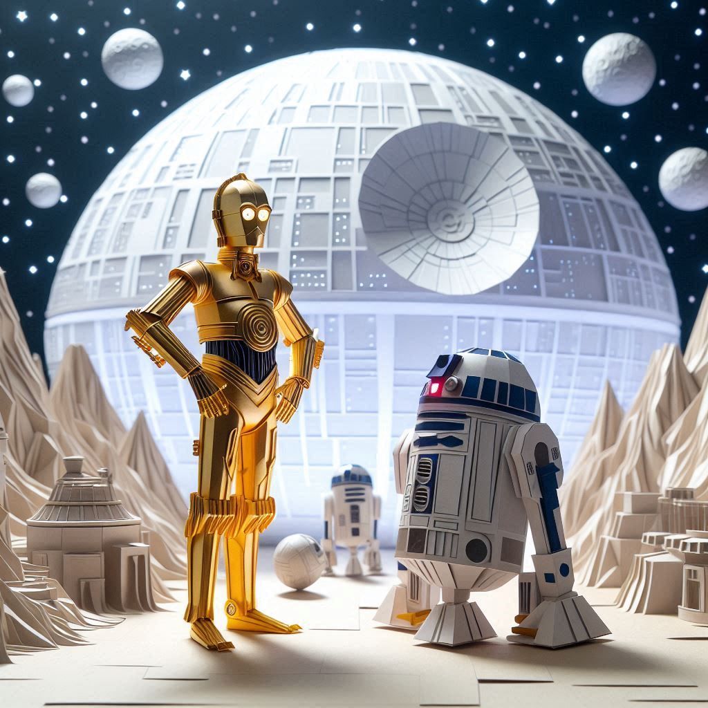Star wars world C-3po and r2d2 in a tattoine moon, all in paper fold, kirigami and origami style