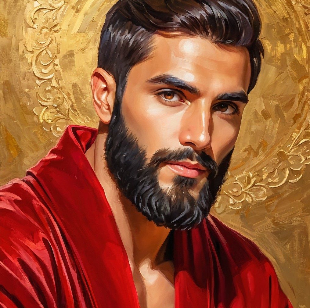 A friendly handsome bearded man wearing a red velours bathro...