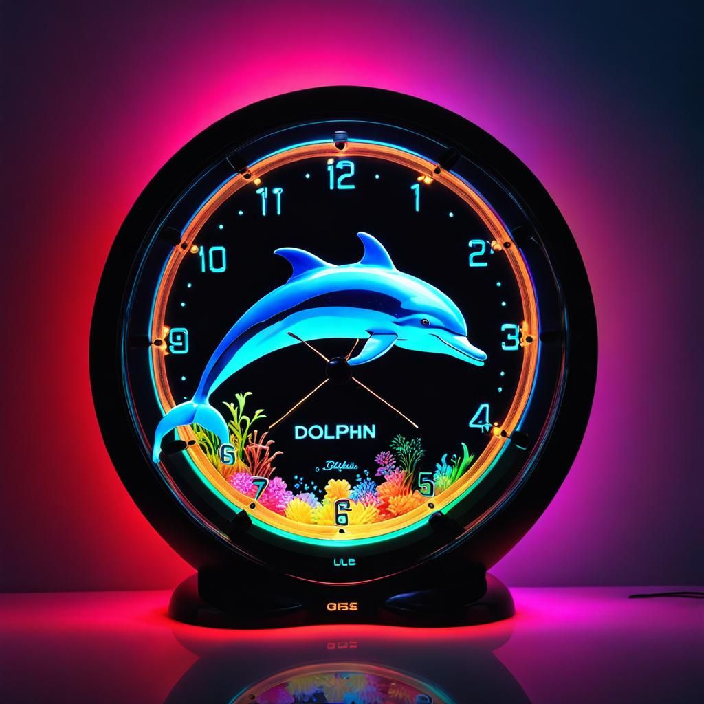 digital clock, dolphin shaped, intricate details, dark background