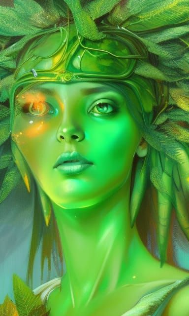 beautiful green alien goddess, covered in leaves, 8k resolut...