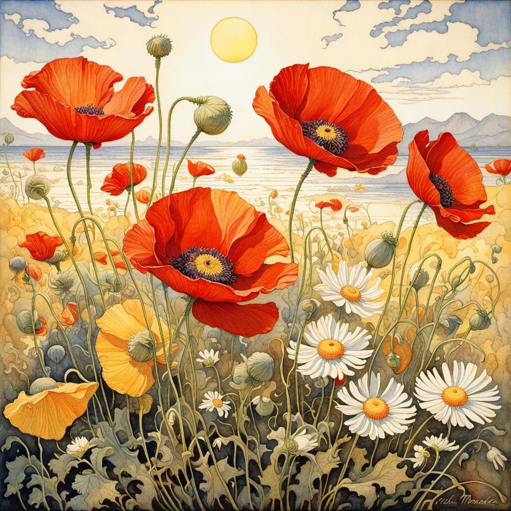 beautiful blown red poppies  and white/yellow daisies   by @Mapont
