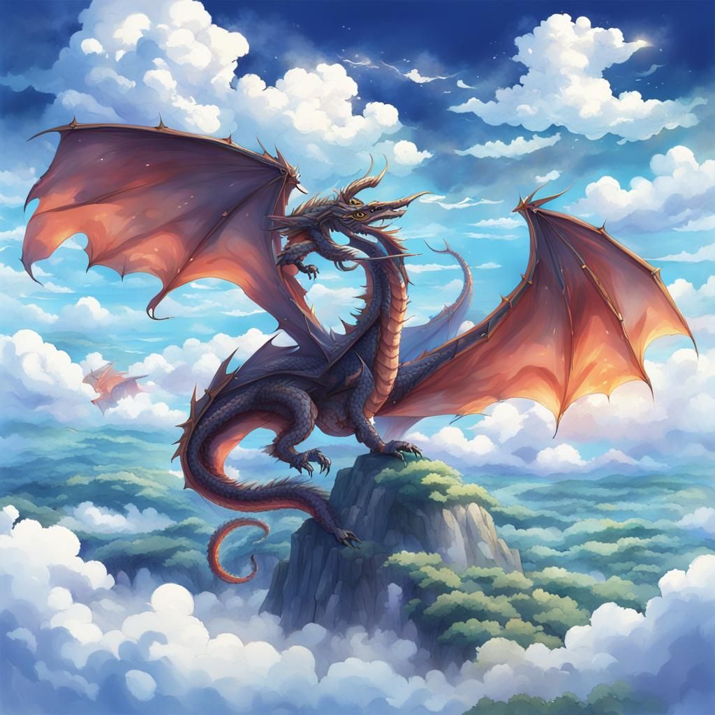 a dragon in the wispy clouds. the dragon is like the color a...