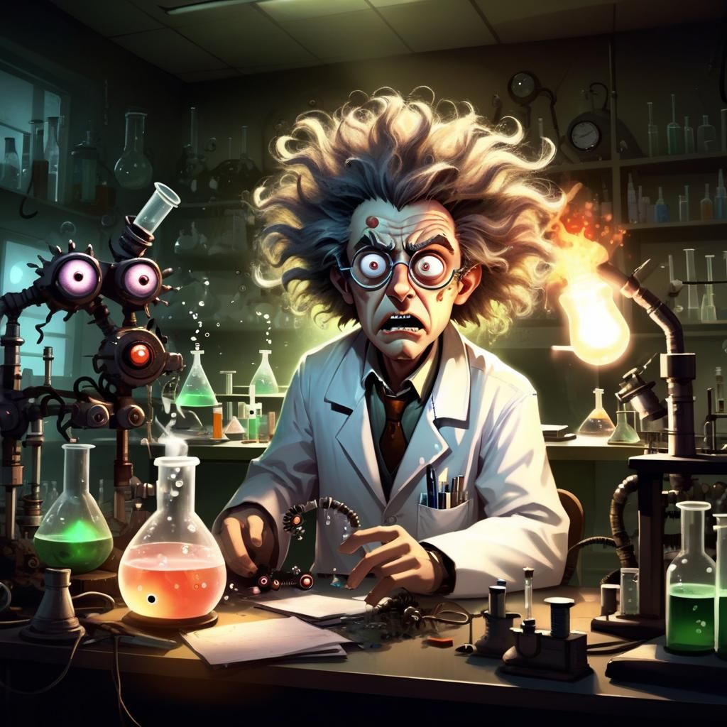A mad scientist, with wild hair and glowing eyes, sits behind a cluttered desk in a dimly lit laboratory. A terrified patient, with wide eye...
