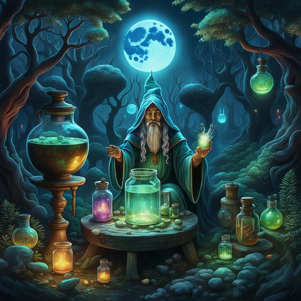 Imaginative scenes featuring alchemical experiments and ritu...